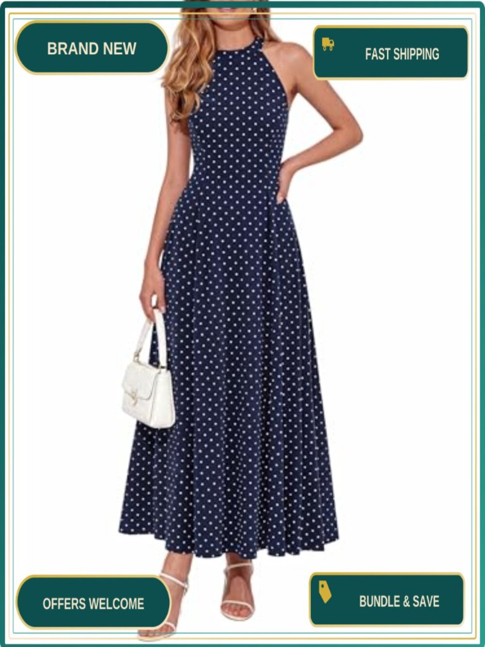 Women's Sleeveless Halter Maxi Dress Flowy A-line Polka Dot Cocktail Party